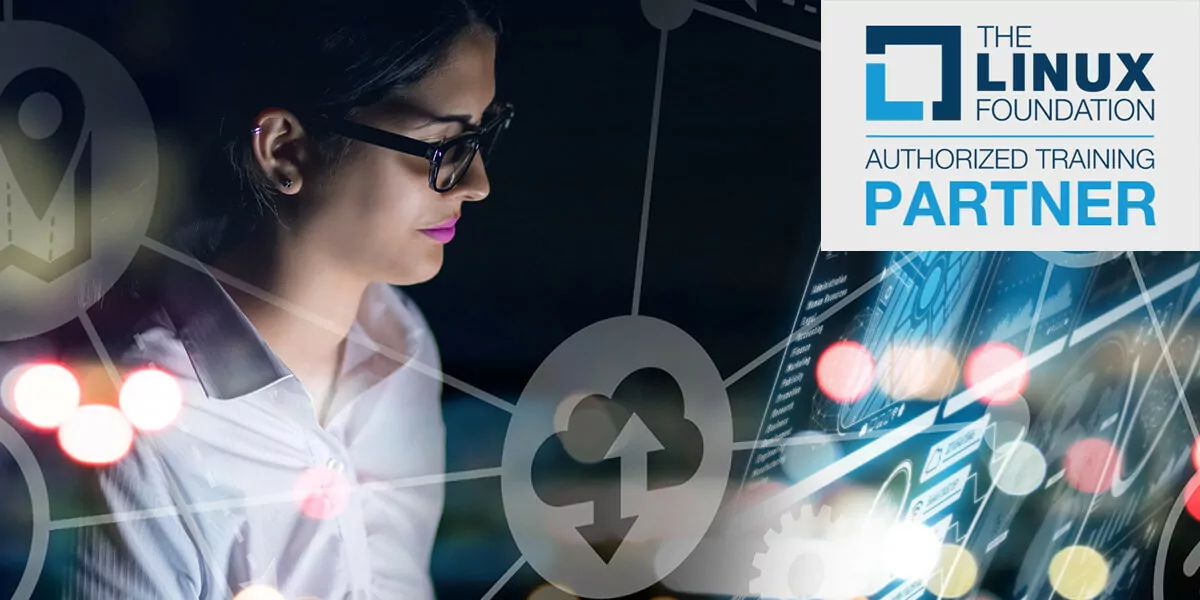 A woman looks at a computer screen. An upload/download icon and the words The Linux Foundation Authorized Training Partner are laid over the top of the image.